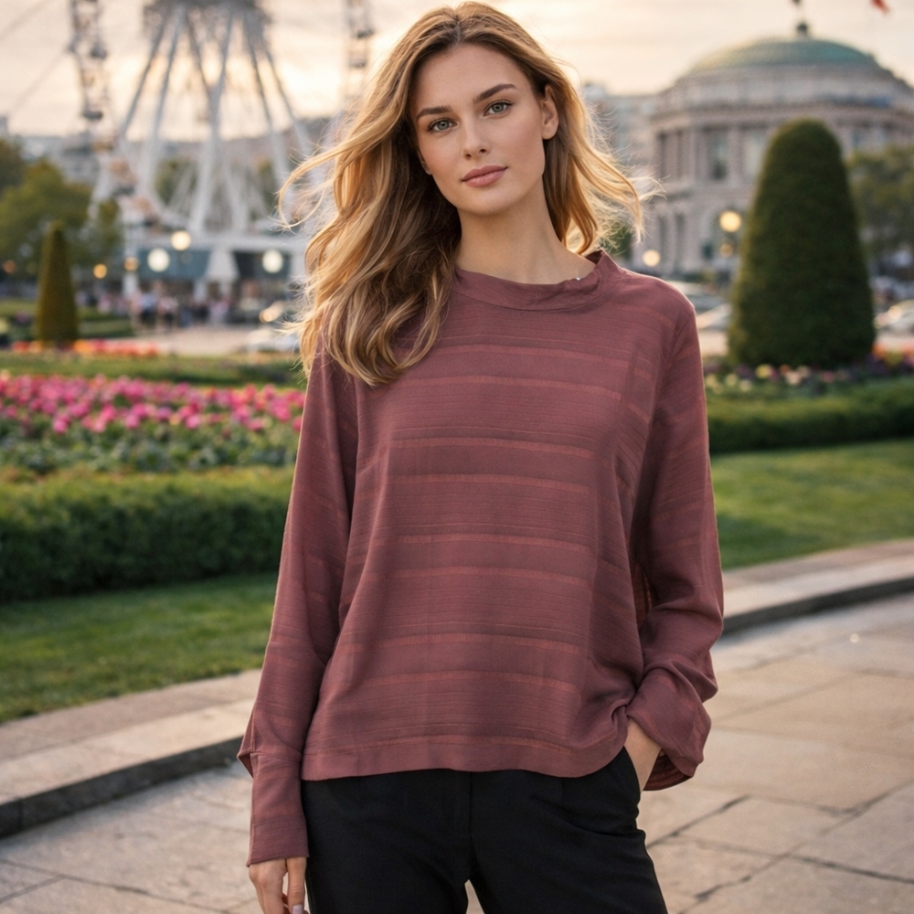 InWear Semi-Sheer Long Sleeve Blouse | Textured Lightweight Minimalist Mauve Top